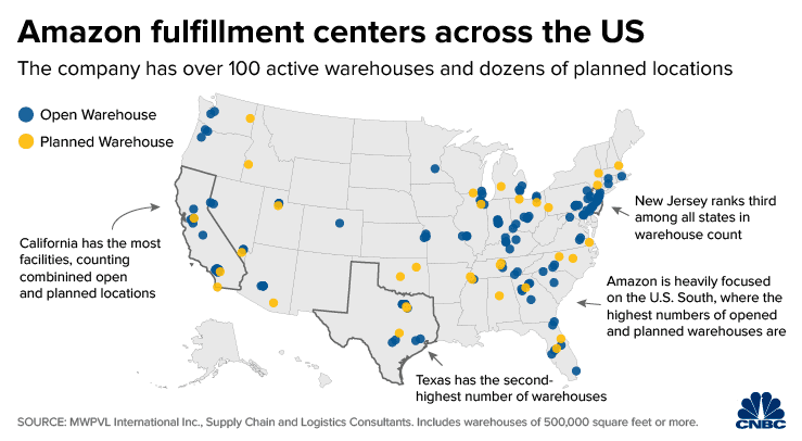 Map of Amazon FBA Centers in the USA