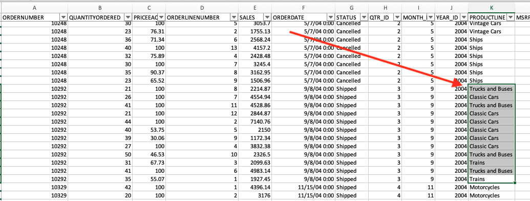 distinct product lines csv