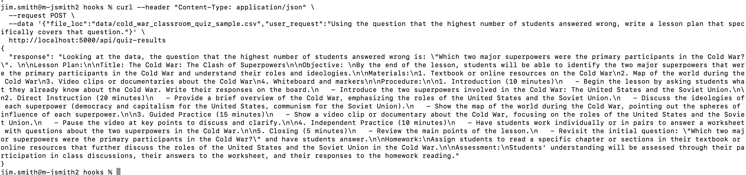 quiz lesson plan response