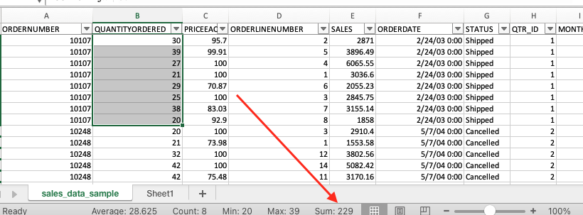total quantity ordered csv