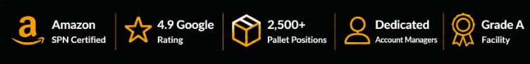 Amazon SPN Certified, 5 Star Google Ratings, 2500 pallet positions, dedicated account managers, Grade A facility